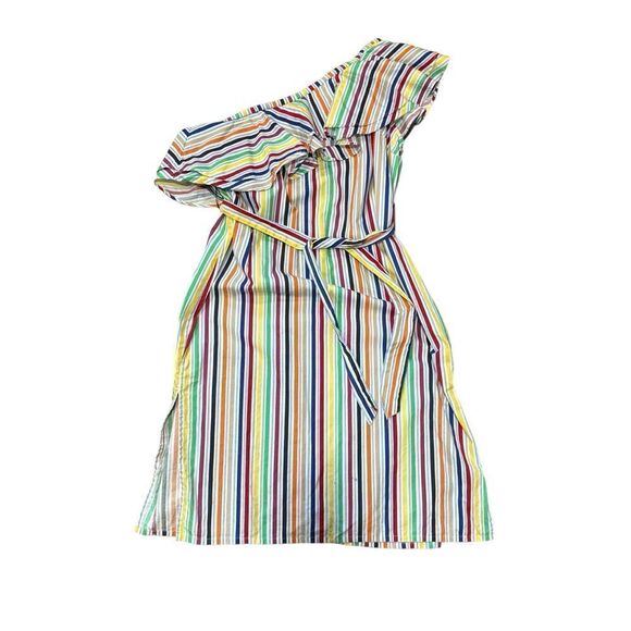 ASOS Rainbow One Shoulder Ruffle Midi Dress with Split in Bright Stripe - Picture 5 of 9